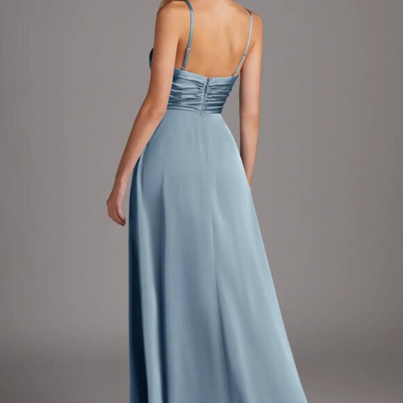 Azazie Jenna Dusty Blue A-Line Pleated Stretch Satin Dress - Picture 4 of 8